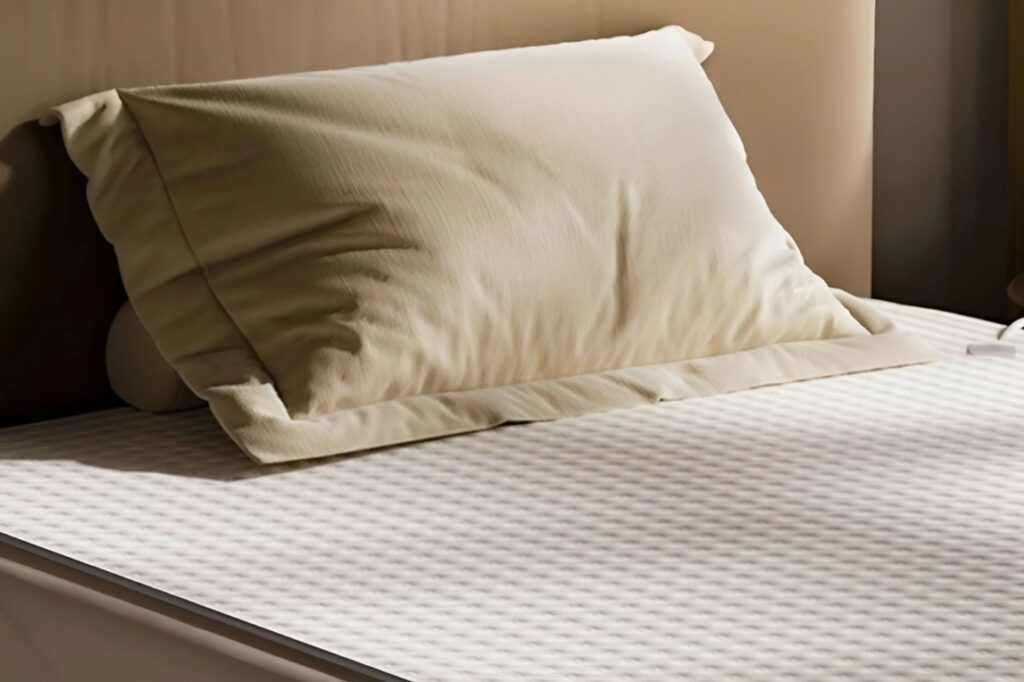 Cream-hued pillow resting on a textured, light-colored mattress cover, set against a softly lit beige headboard.