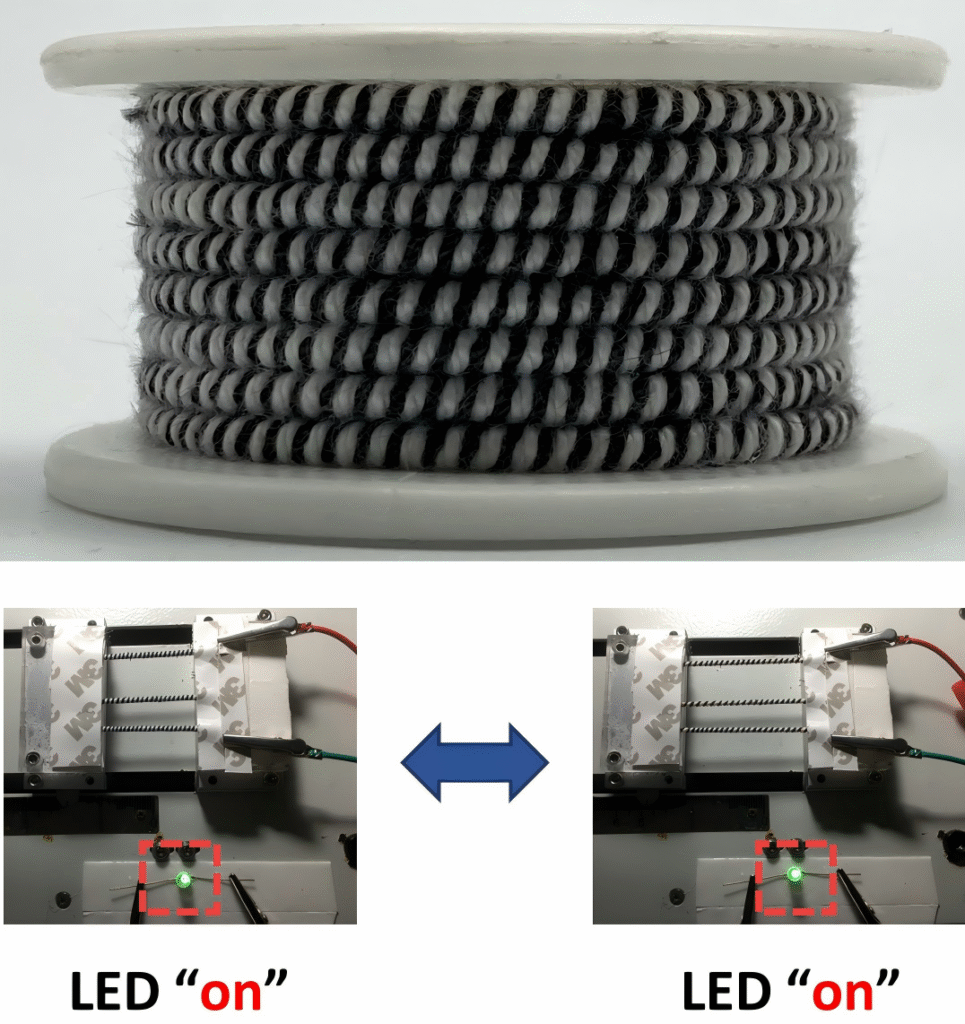 Black and white woven conductive thread, a stretchy sweat-activated yarn battery on a spool, with two close-up views showing a glowing green LED indicated as "on." It was developed by researchers in China.
