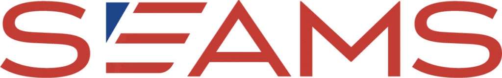 Bold red text spelling "SEAMS," with stylized letter "E" using horizontal lines and a blue triangular accent on the left.
