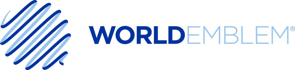 Blue wave-like graphic next to the text "WORLD EMBLEM®" in bold blue and light blue, on a black background.