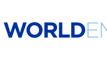 Blue wave-like graphic next to the text "WORLD EMBLEM®" in bold blue and light blue, on a black background.