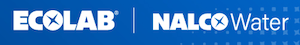 Ecolab and Nalco Water logos in white on a blue background, separated by a vertical line, with a dotted pattern on the right side.