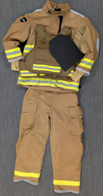 Tan firefighter turnout suit set with reflective yellow stripes, including a jacket and cargo-style pants, laid flat on a gray background.