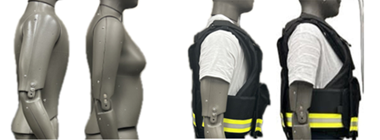 Side-by-side view of mannequins; one in a plain form, the other wearing a black vest with yellow stripes, showcasing contrasting profiles.