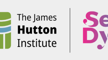 Logo featuring wavy green and blue lines beside bold black text reading "The James Hutton Institute" and colorful "Sea Dyes" text.