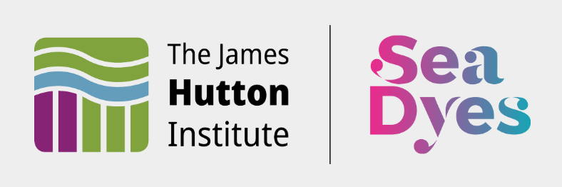 SeaDyes Logo featuring wavy green and blue lines beside bold black text reading "The James Hutton Institute" and colorful "Sea Dyes" text.