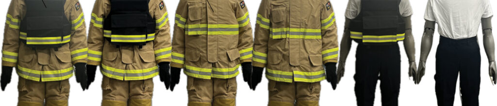 Firefighter gear with reflective yellow stripes displayed on mannequins, flanked by plain clothing on the right.