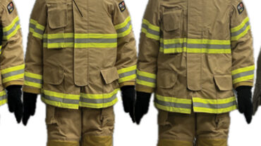Firefighter gear with reflective yellow stripes displayed on mannequins, flanked by plain clothing on the right.
