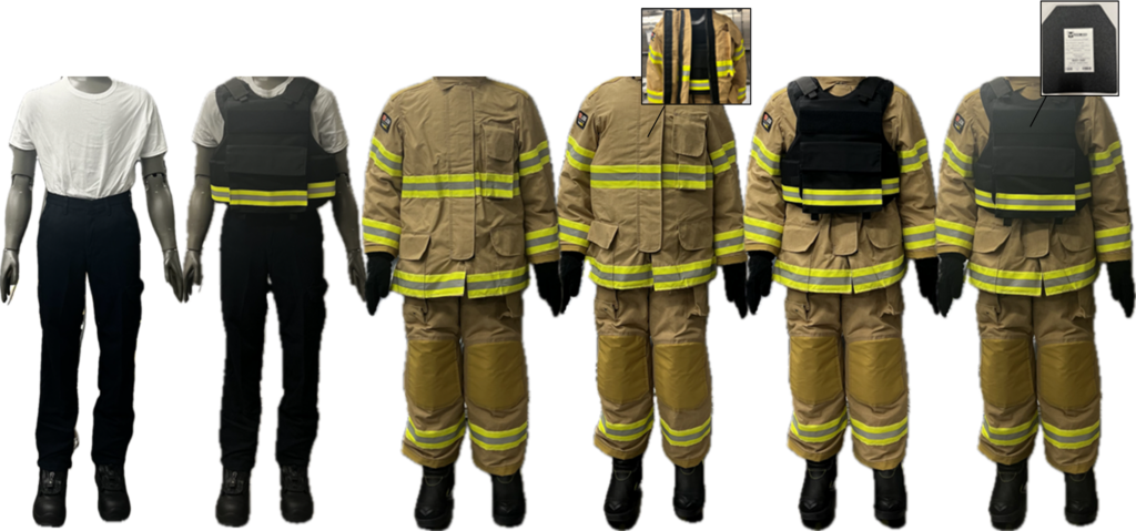 Various firefighting gear displayed on mannequins, featuring a white shirt, tactical vests, and yellow-stripped firefighting suits.