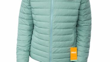 Mint green puffy jacket featuring a high collar, front zipper, and an orange tag displaying the eVent logo.