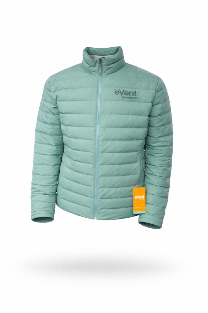 Mint green puffy jacket featuring a high collar, front zipper, and an orange tag displaying the eVent logo.