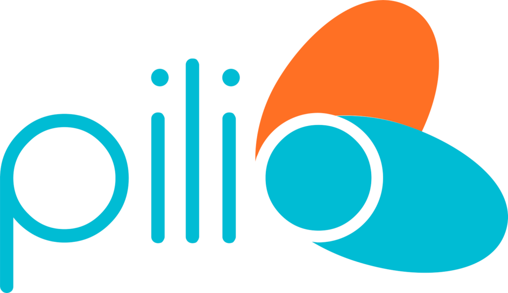 Turquoise text spelling "pilio" with an orange and blue abstract shape behind it, against a black background.