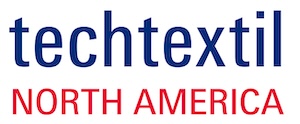 Text in bold blue reads "techtextil" above "NORTH AMERICA" in red. 