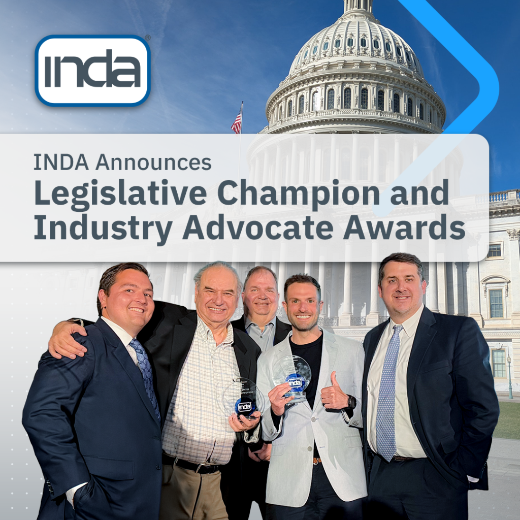 Five men stand in front of the U.S. Capitol, holding awards, celebrating the INDA Legislative Champion and Industry Advocate Awards.