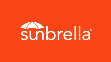 White text of "sunbrella" with a stylized umbrella icon on a bold orange background.
