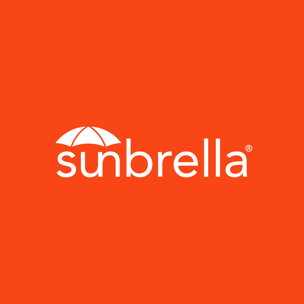 White text of "sunbrella" with a stylized umbrella icon on a bold orange background.
