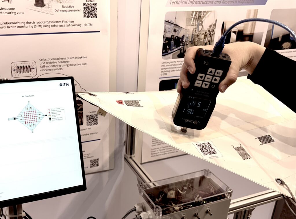 A hand holds a handheld measuring device above a flexible textile with a display panel and connected sensors, showcasing smart textile technology.