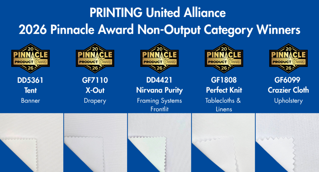 Five award logos displayed over a blue background, showcasing Pinnacle Award winners for various textile products. Products are labeled beneath each logo.
