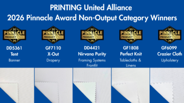 Five award logos displayed over a blue background, showcasing Pinnacle Award winners for various textile products. Products are labeled beneath each logo.