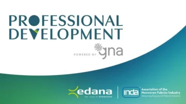 Text displays "PROFESSIONAL DEVELOPMENT" prominently, with "powered by gna" below. Logos of EDANA and INDA are featured at the bottom left.