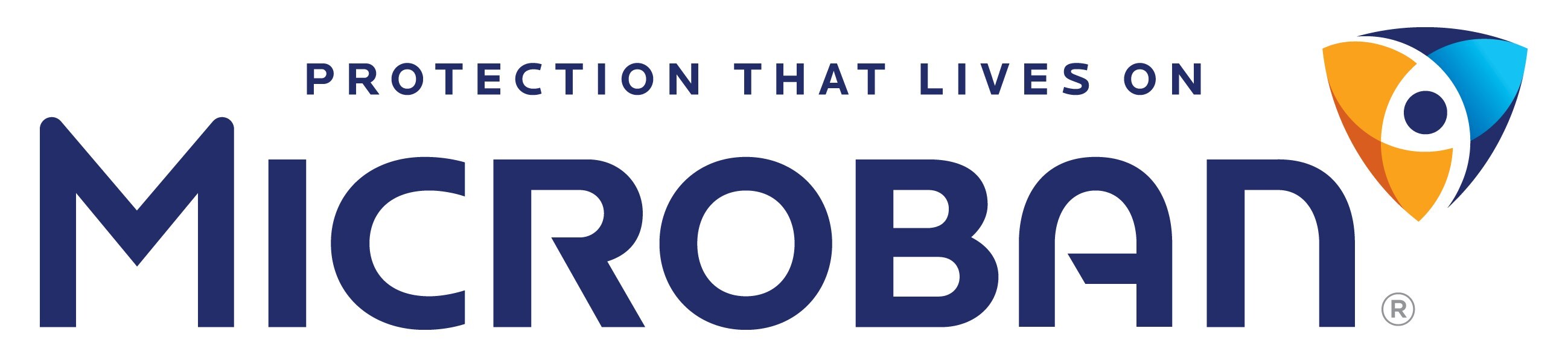 Logo featuring the word "Microban" in deep blue, accompanied by a colorful icon with orange, blue, and yellow accents, and the tagline "Protection That Lives On."