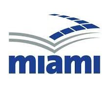 Logo featuring the word "miami" in bold blue letters, accompanied by stylized gray lines resembling waves above it.