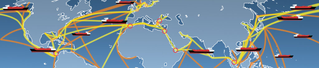 Illustration of a world map with shipping routes, featuring red cargo ships and colorful lines representing trade connections across oceans.