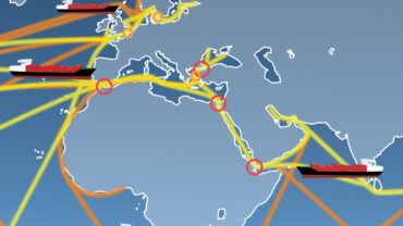 Illustration of a world map with shipping routes, featuring red cargo ships and colorful lines representing trade connections across oceans.