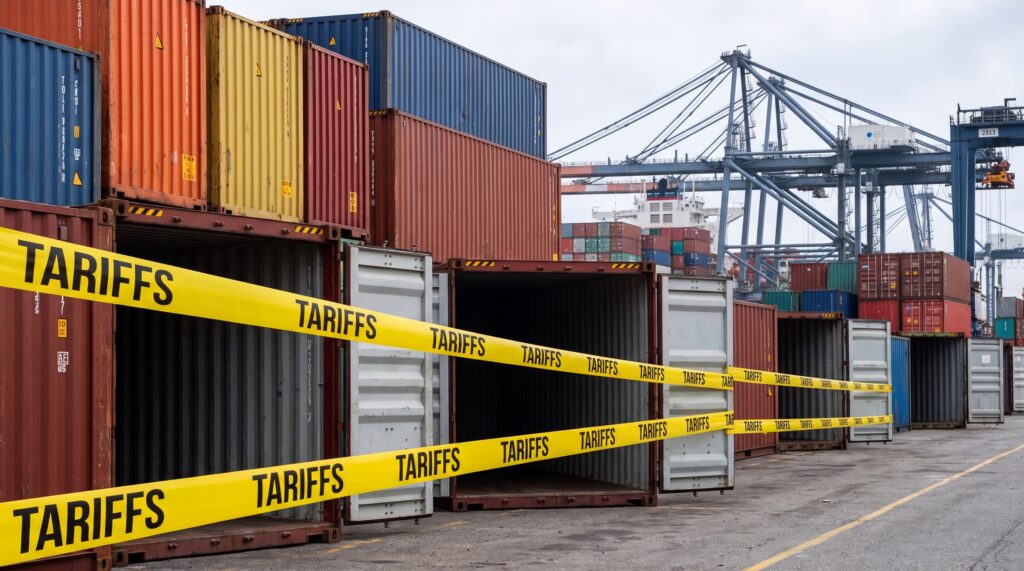 Stacked shipping containers in various colors, with yellow caution tape marked "TARIFFS" strung between them at a port.