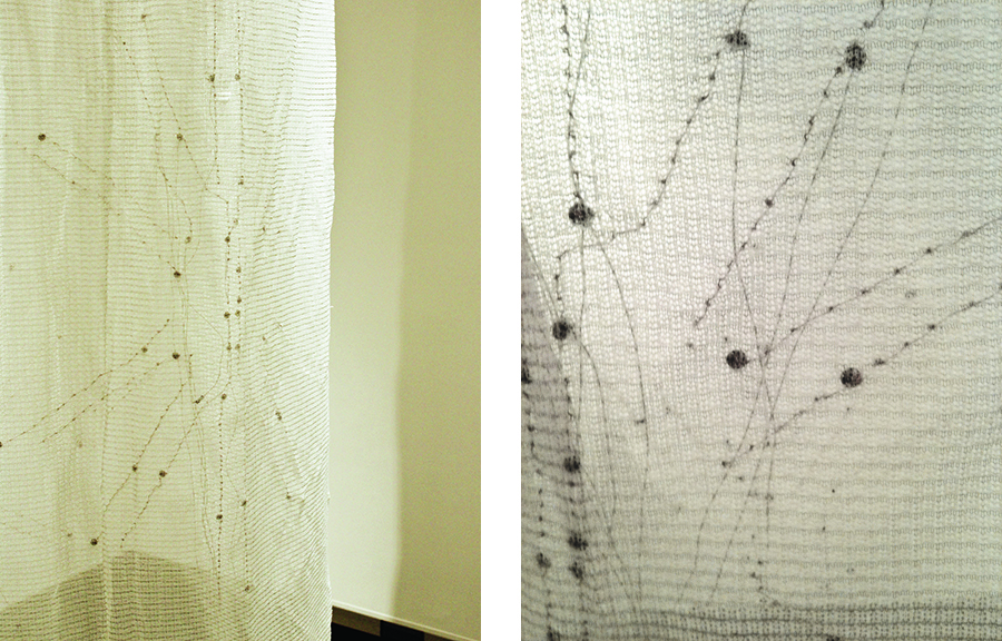 Translucent knitted fabric with intricate black thread patterns resembling natural forms; dotted textures create a delicate, airy effect.