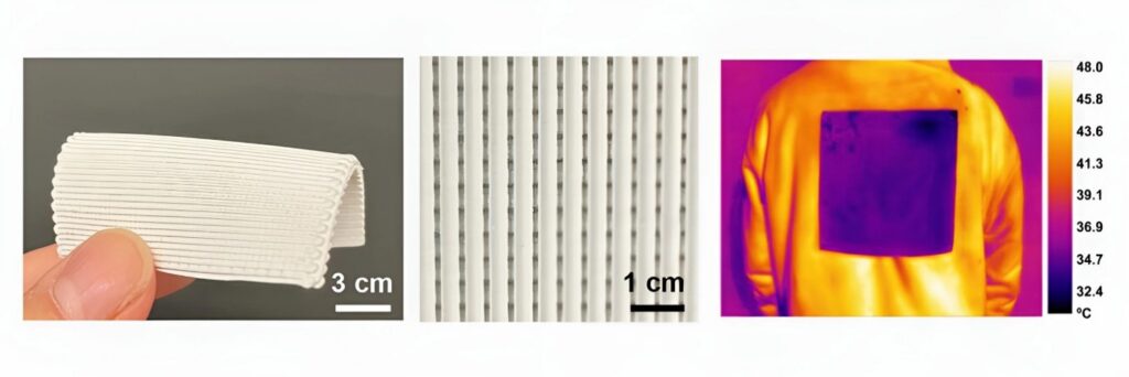 Three images: a hand holding a white, pleated wearable, a close-up of its textured surface, and a thermal image showing temperature variance on a back.