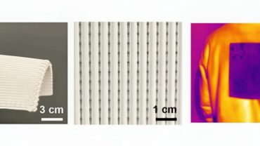Three images: a hand holding a white, pleated wearable, a close-up of its textured surface, and a thermal image showing temperature variance on a back.