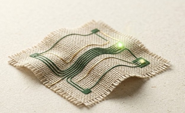 A textured fabric square with green electronic circuits and glowing components, set against a neutral background.